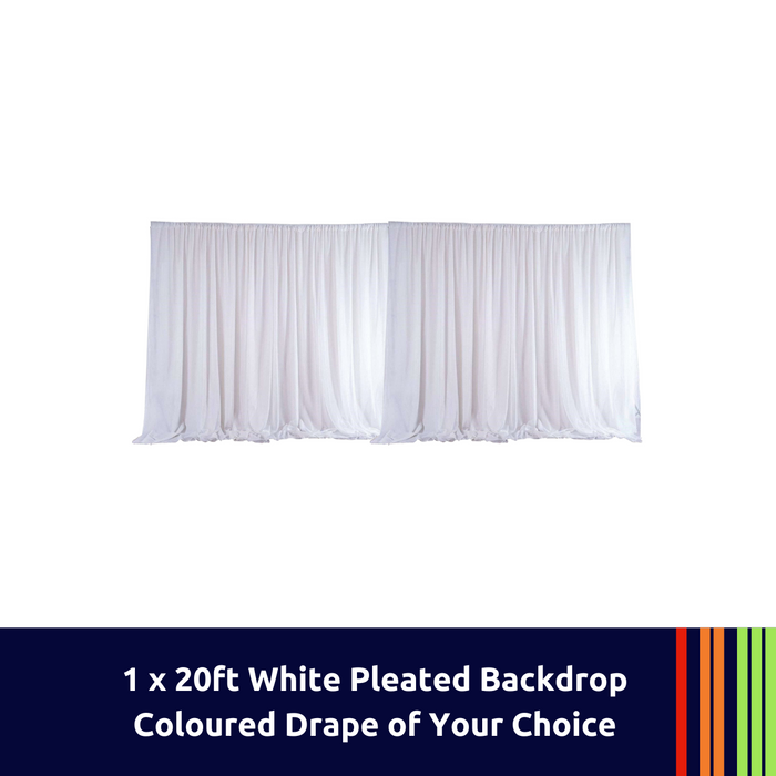 Backdrop Package - 1 x 20ft Frame with White Pleated Backdrop, Coloured Drape of Your Choice