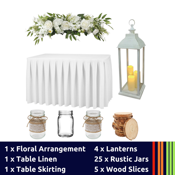 Civil Package - 1 x Floral Piece, 1 x Linen, 1 x Skirting, 4 x Lanterns, 25 x Jars, 5 x Wood Slice