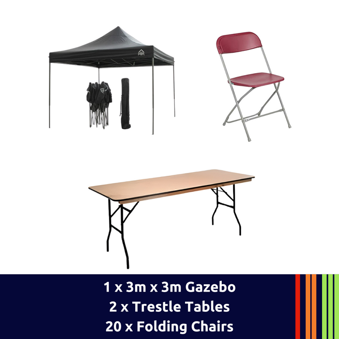 Garden Package - 1 x 3m x 3m Gazebo, 2 x Trestle Table, 20 x Folding Chairs
